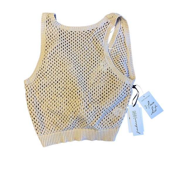 Womens New freshman 1996 Beige Crochet Knit 2 Piece Set Crop Top Maxi Skirt - Picture 3 of 14